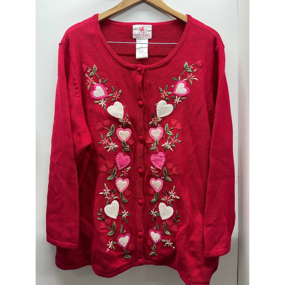 Quacker Factory Red Heart Embroidered Cardigan Sweater Valentine Floral 3X VTG